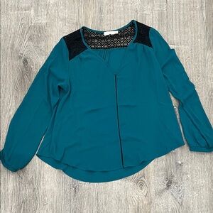 Lush Teal Long-Sleeve Lace Yoke Top